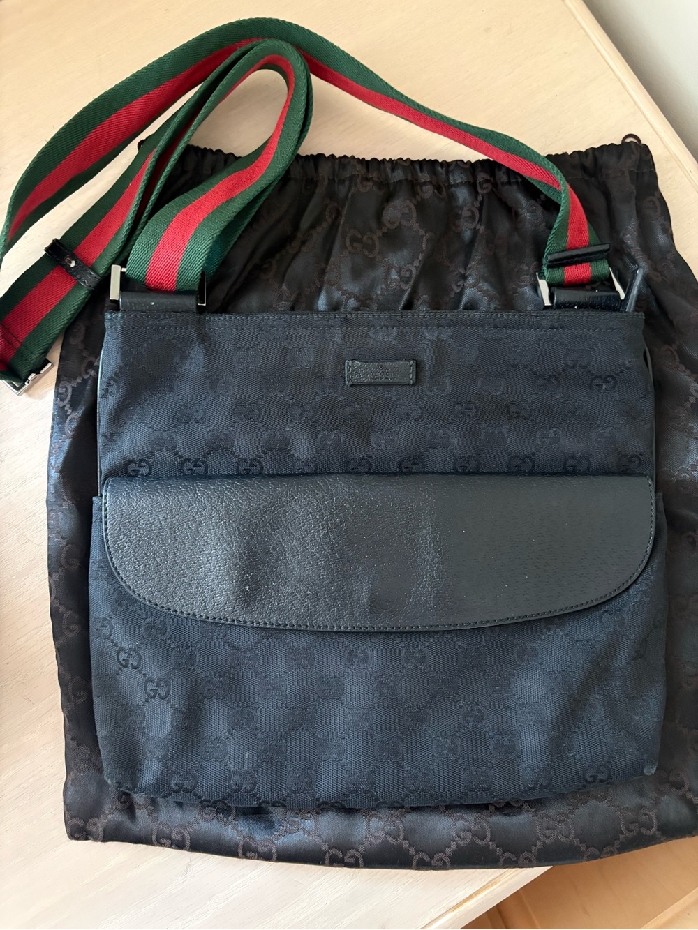 Gucci Black Monogram Messenger Bag with Green-Red Web Strap